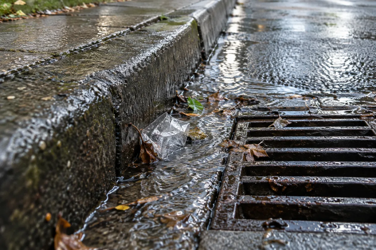 AI 示意：雨後城市路緣與雨水溝旁的少量塑膠包裝