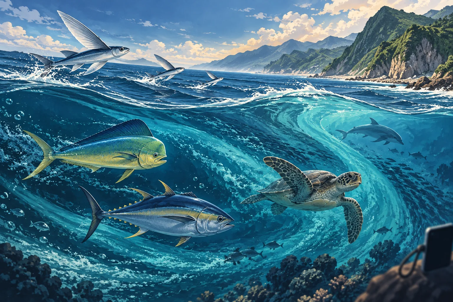 飛魚、鬼頭刀、鮪魚、海龜與海豚隨海流前進的插畫